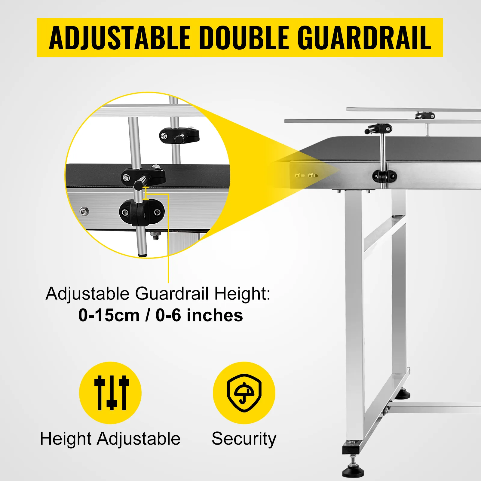 adjustable guardrail on VEVOR motorized conveyor with 0-15cm height range.