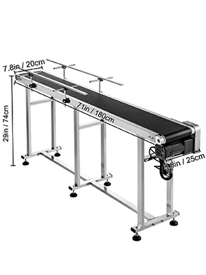 VEVOR belt conveyor with measurements: 74cm high, 180cm long, and 20cm wide.