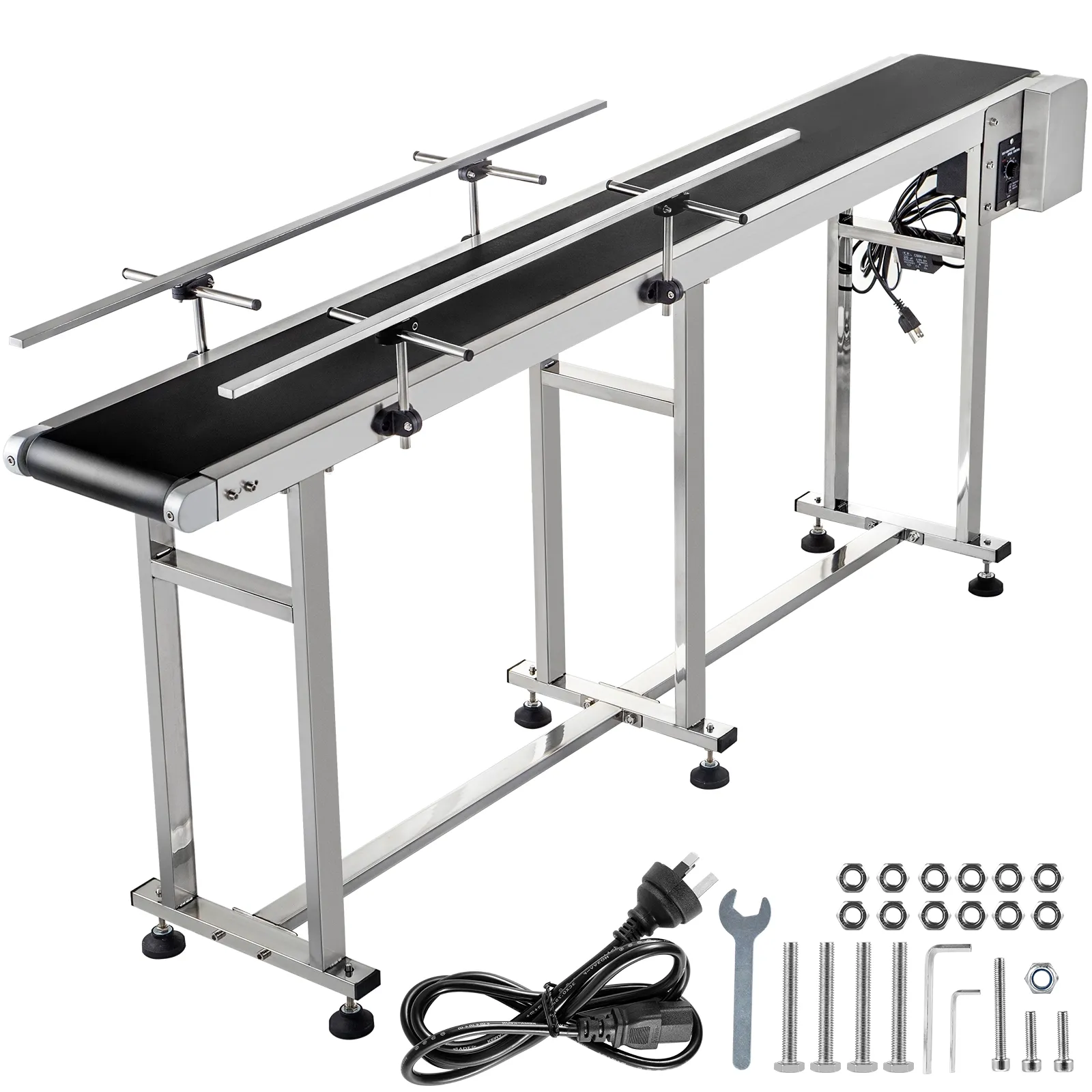 VEVOR belt conveyor with rails, power cord, and assembly hardware set.