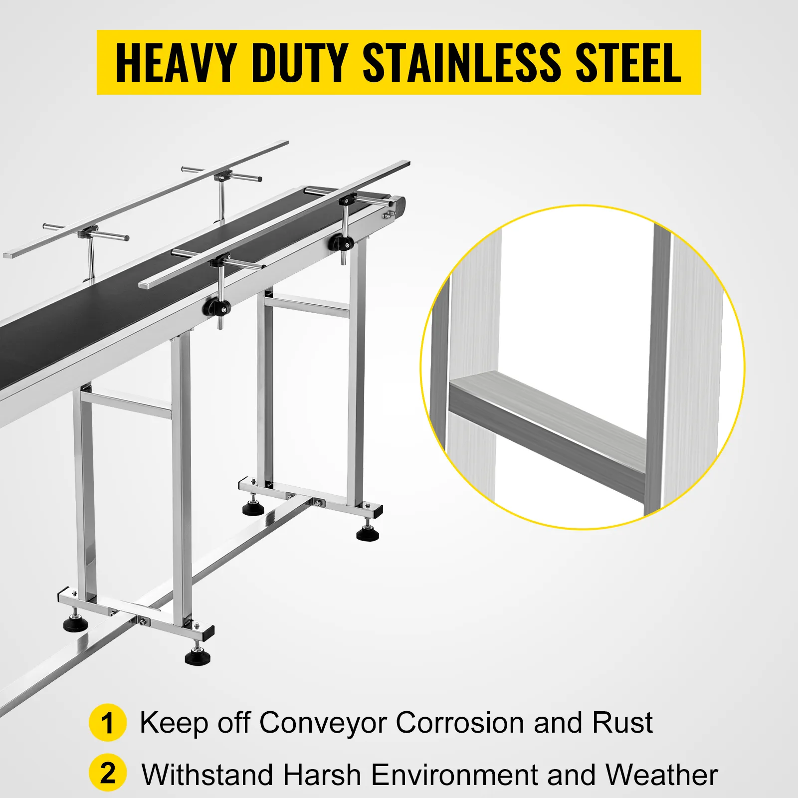 heavy duty stainless steel VEVOR belt conveyor, corrosion-resistant, weatherproof design.
