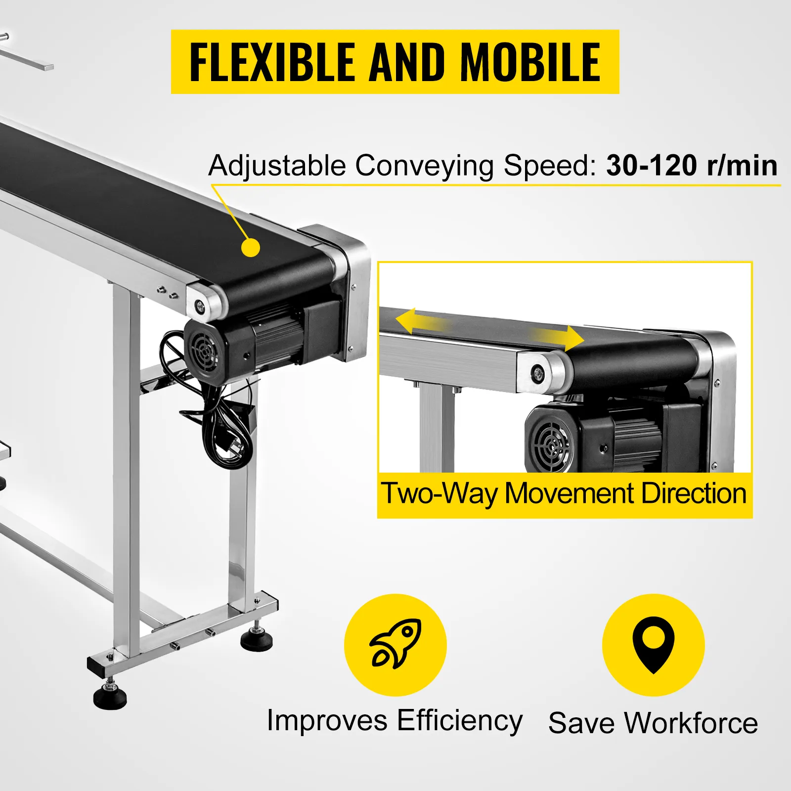 flexible and mobile VEVOR belt conveyor with adjustable speed and two-way movement.