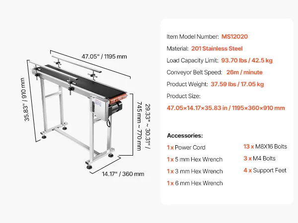 Transportador de banda VEVOR, ms12020, acero inoxidable, 47x7,8 pulgadas, carga de 93,7 libras, accesorios incluidos.