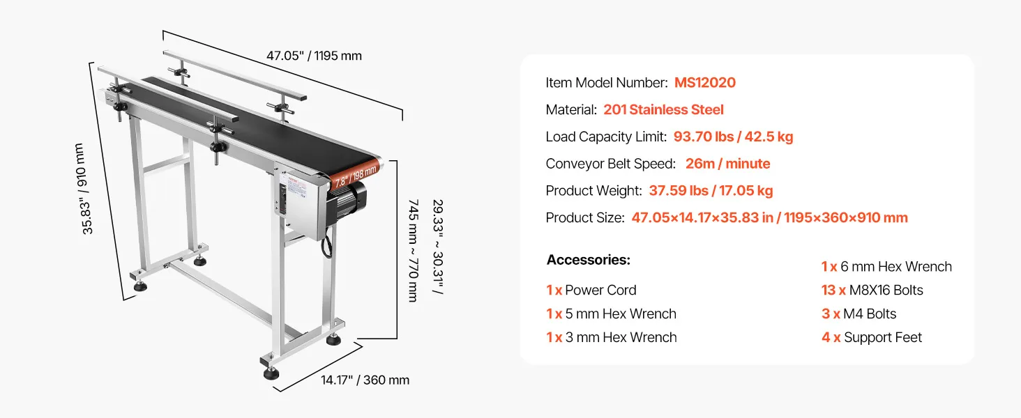 Transportador de banda VEVOR, ms12020, acero inoxidable, 47x7,8 pulgadas, carga de 93,7 libras, accesorios incluidos.