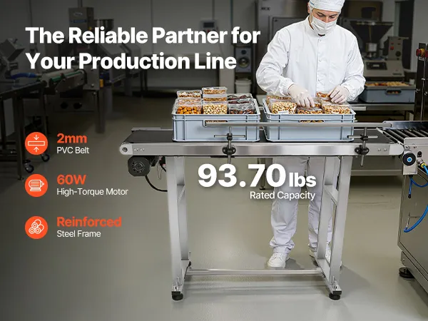 Transportador de banda VEVOR con marco de acero inoxidable de grado industrial, resistencia a la oxidación y carga máxima de 93,7 libras.