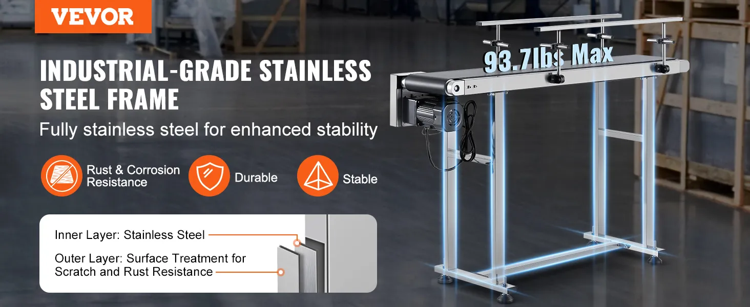 Transportador de banda VEVOR con marco de acero inoxidable de grado industrial, resistencia a la oxidación y carga máxima de 93,7 libras.