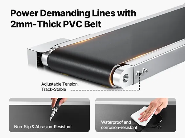 Cinta transportadora de PVC con patas de apoyo ajustables, que destaca la resistencia al desgaste y el transporte estable. Cinta transportadora VEVOR.