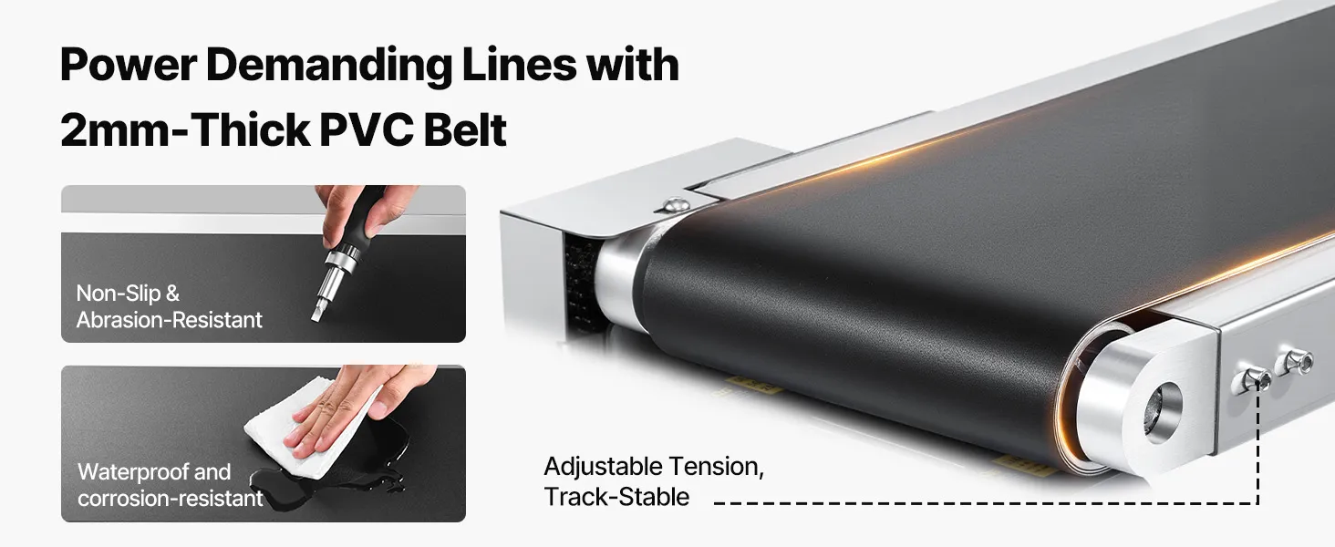 Cinta transportadora de PVC con patas de apoyo ajustables, que destaca la resistencia al desgaste y el transporte estable. Cinta transportadora VEVOR.