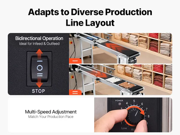 Transportador de banda VEVOR con velocidad ajustable (30-120 rpm), dirección y altura de barandilla para tareas versátiles.