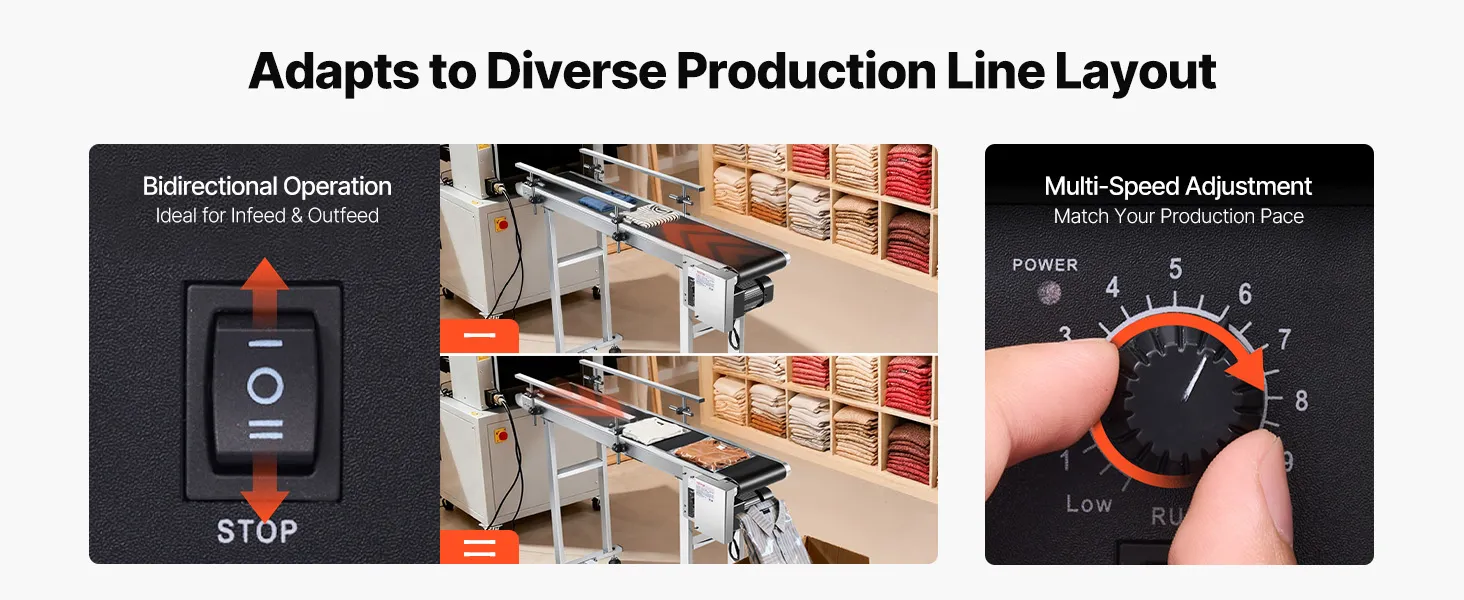 Transportador de banda VEVOR con velocidad ajustable (30-120 rpm), dirección y altura de barandilla para tareas versátiles.