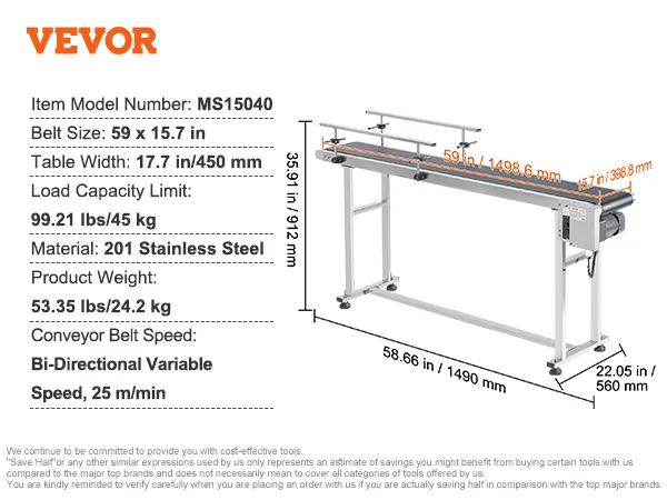 Nastro trasportatore VEVOR, modello ms15040 con nastro in acciaio inox da 59x15,7 pollici, capacità di carico di 99,21 libbre.
