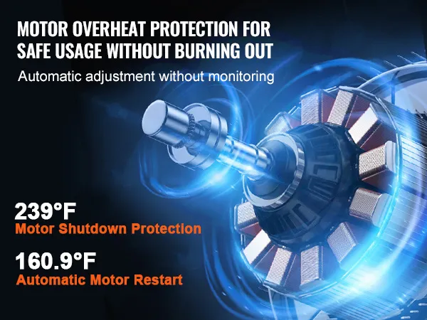 protezione contro il surriscaldamento del motore per un utilizzo sicuro, regolazione automatica, spegnimento a 115°C, riavvio a 71,6°C.