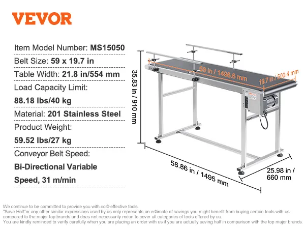 Transportador de banda VEVOR modelo ms15050, acero inoxidable, 59x19,7in, capacidad 88,18lbs, accesorios incluidos.