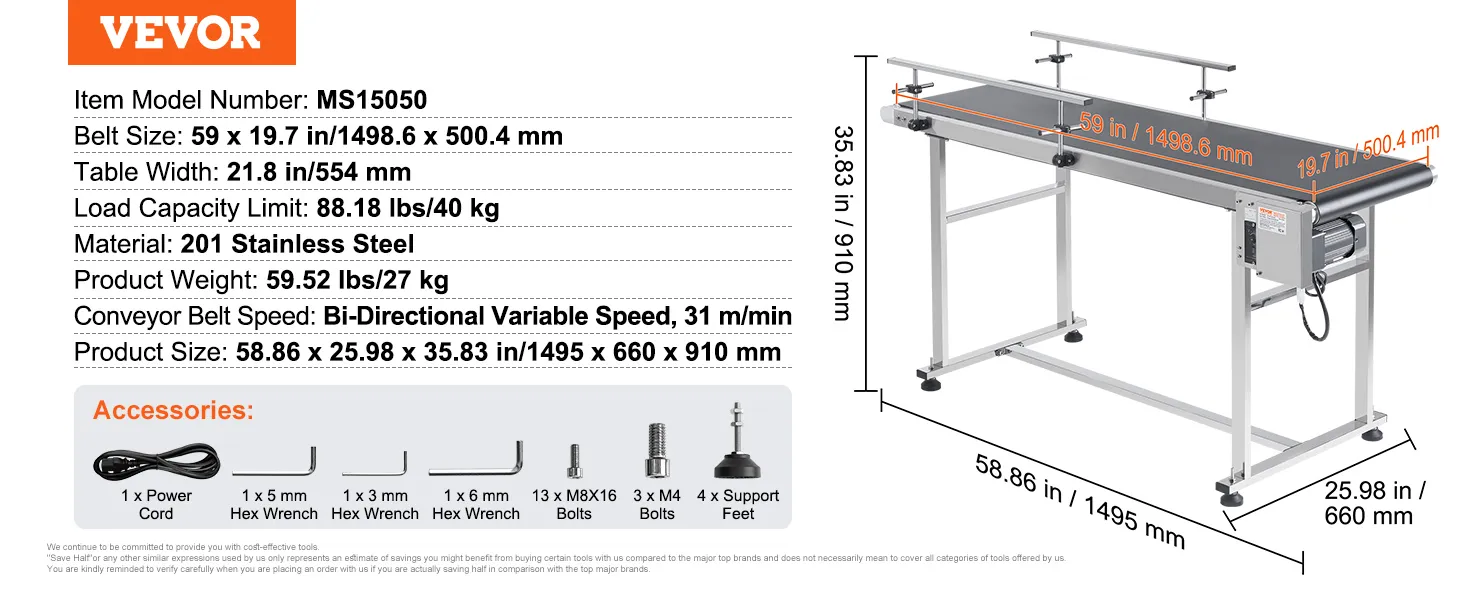 Transportador de banda VEVOR modelo ms15050, acero inoxidable, 59x19,7in, capacidad 88,18lbs, accesorios incluidos.