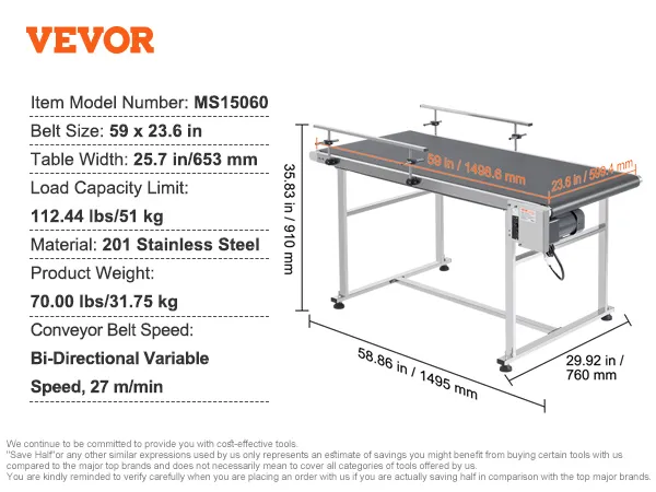 VEVOR belt conveyor with 59x23.6 in belt, bi-directional speed 27 m/min, stainless steel frame.