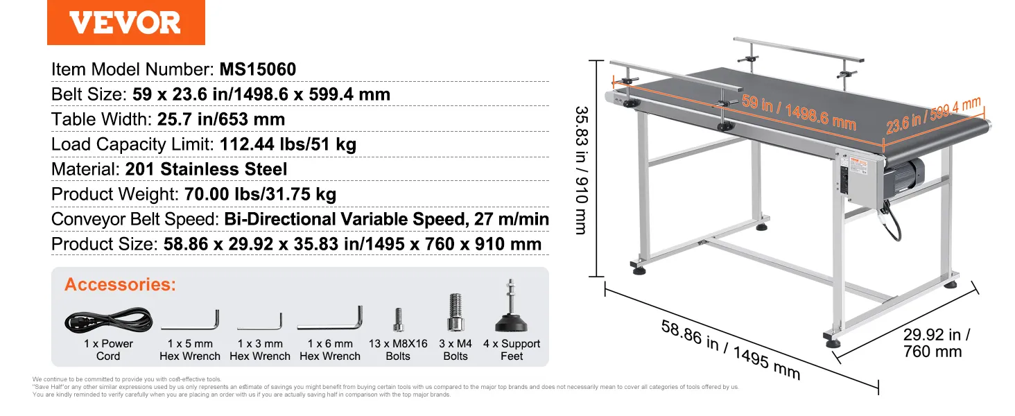 VEVOR belt conveyor with 59x23.6 in belt, bi-directional speed 27 m/min, stainless steel frame.