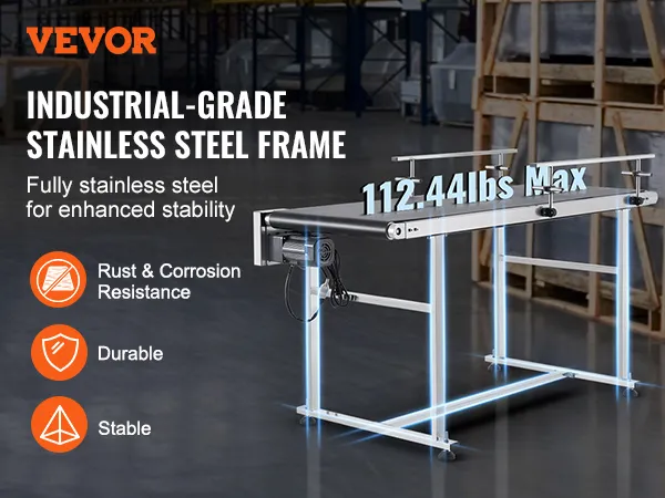 VEVOR belt conveyor with industrial-grade stainless steel frame, 112.44lbs max load capacity.