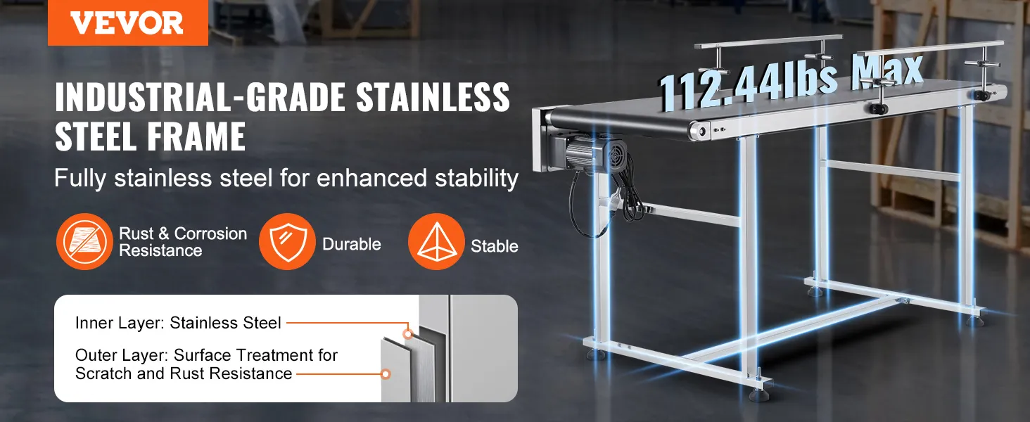 VEVOR belt conveyor with industrial-grade stainless steel frame, 112.44lbs max load capacity.