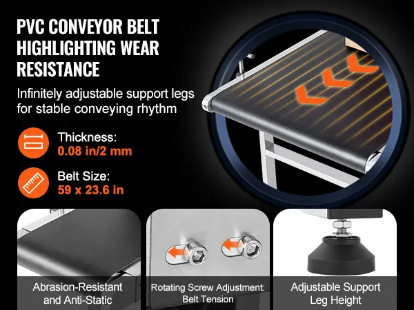 pvc conveyor belt with adjustable support legs, 59x23.6in size, 0.08in thickness, VEVOR belt conveyor.