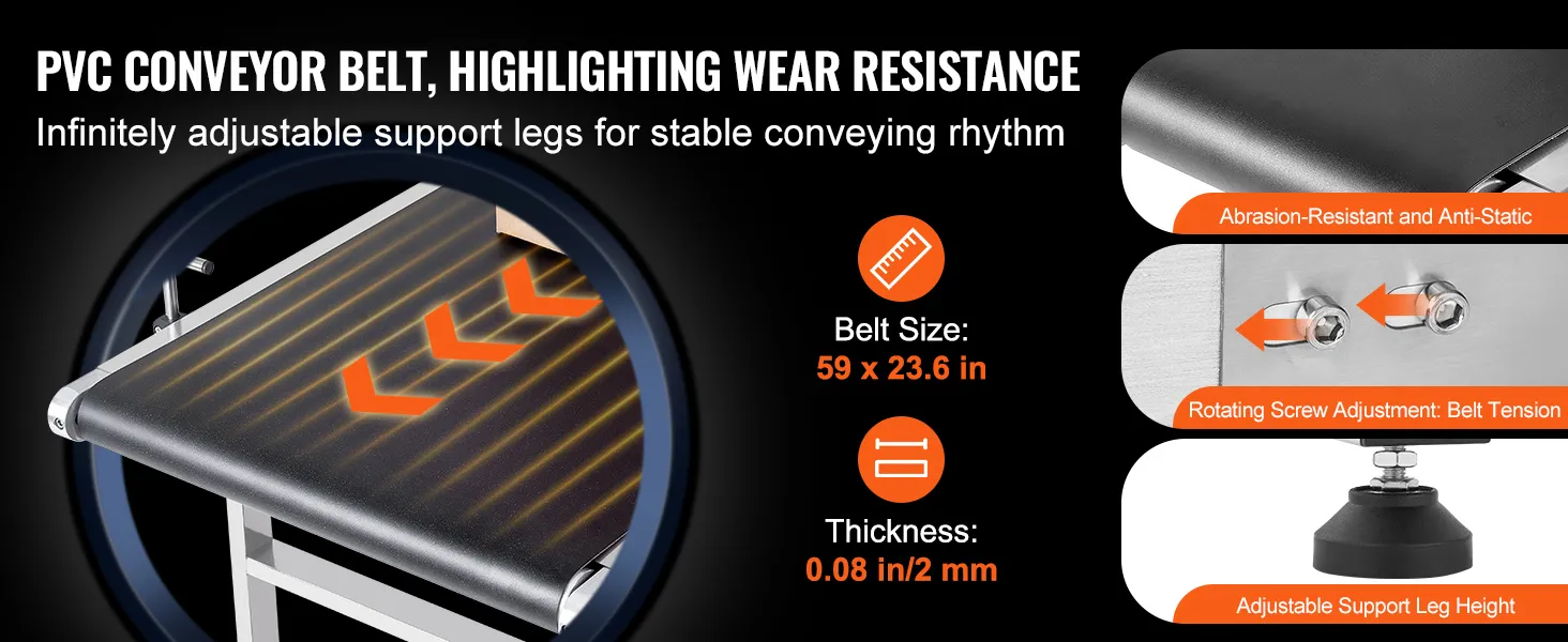 pvc conveyor belt with adjustable support legs, 59x23.6in size, 0.08in thickness, VEVOR belt conveyor.