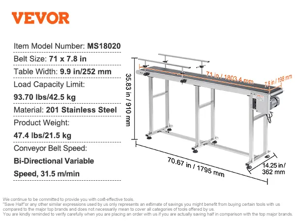 VEVOR belt conveyor with variable speed, 201 stainless steel, 71x7.8 in belt, 93.70 lbs limit, accessories.