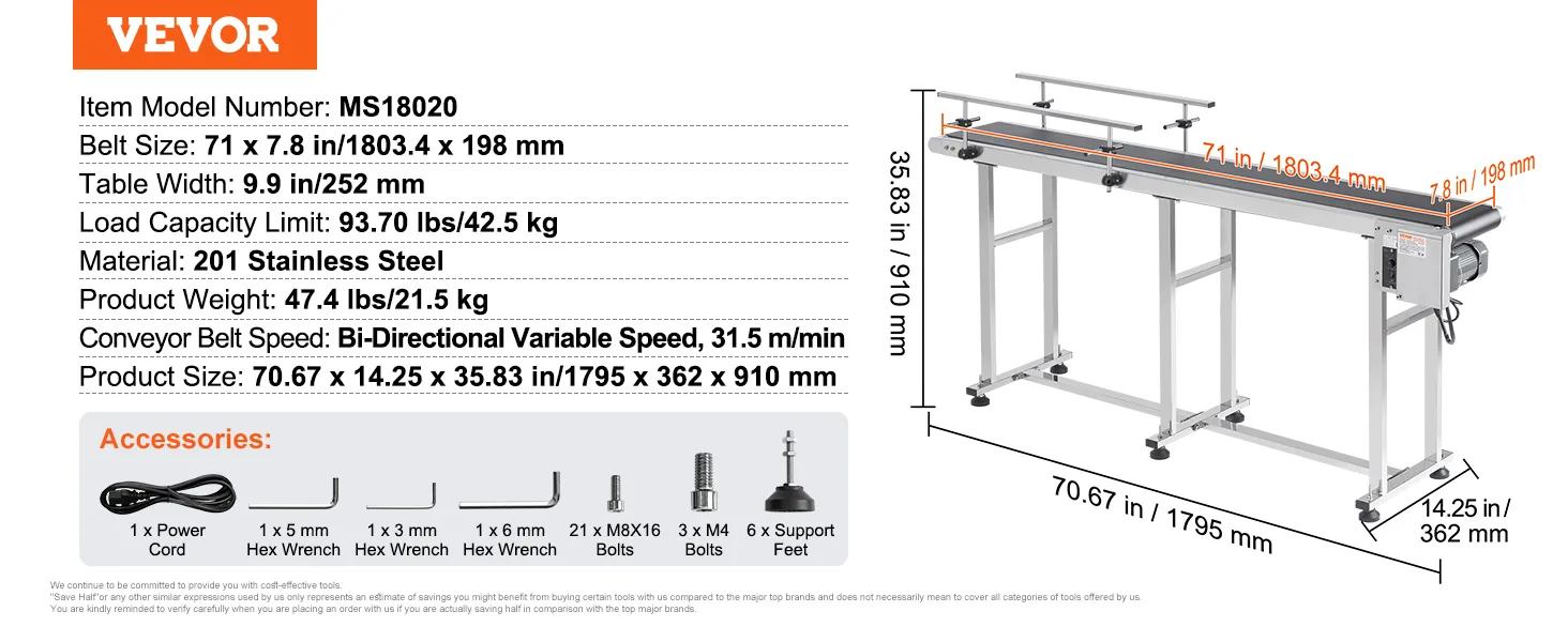 VEVOR belt conveyor with variable speed, 201 stainless steel, 71x7.8 in belt, 93.70 lbs limit, accessories.