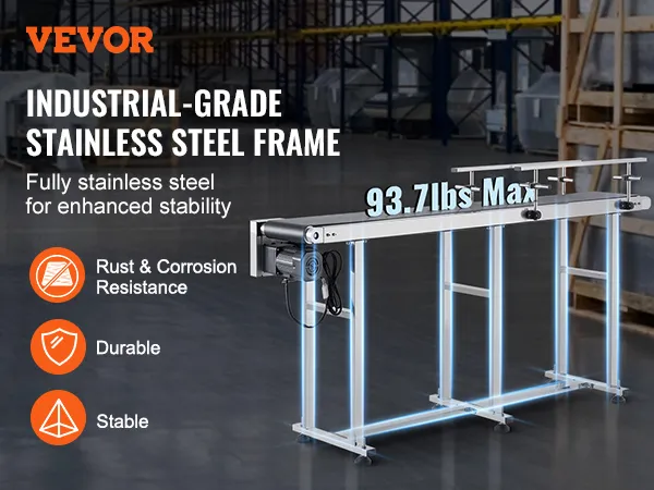 VEVOR belt conveyor with industrial-grade stainless steel frame, 93.7lbs max, rust and corrosion resistance.