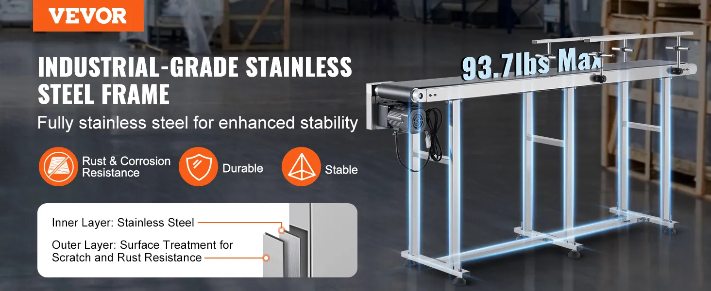 VEVOR belt conveyor with industrial-grade stainless steel frame, 93.7lbs max, rust and corrosion resistance.