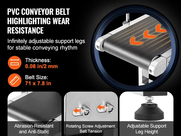 VEVOR belt conveyor highlights wear resistance. belt size: 71 x 7.8 in, thickness: 0.08 in/2 mm.