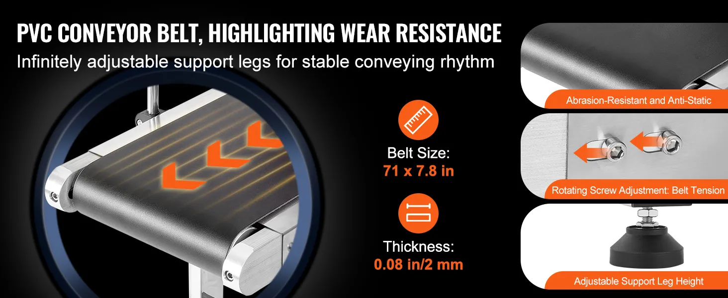 VEVOR belt conveyor highlights wear resistance. belt size: 71 x 7.8 in, thickness: 0.08 in/2 mm.
