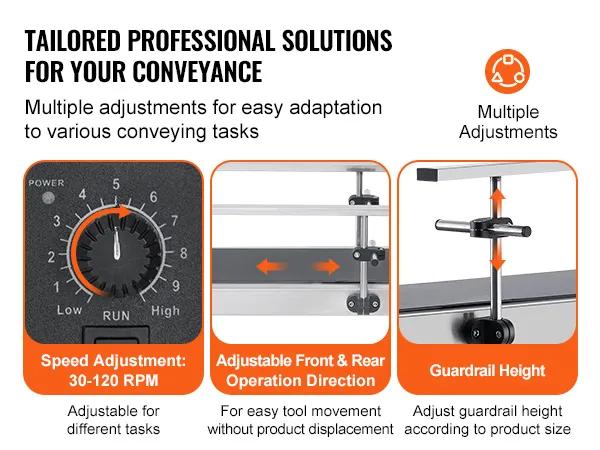 tailored professional solutions for VEVOR belt conveyor; speed adjustment, operation direction, guardrail height.