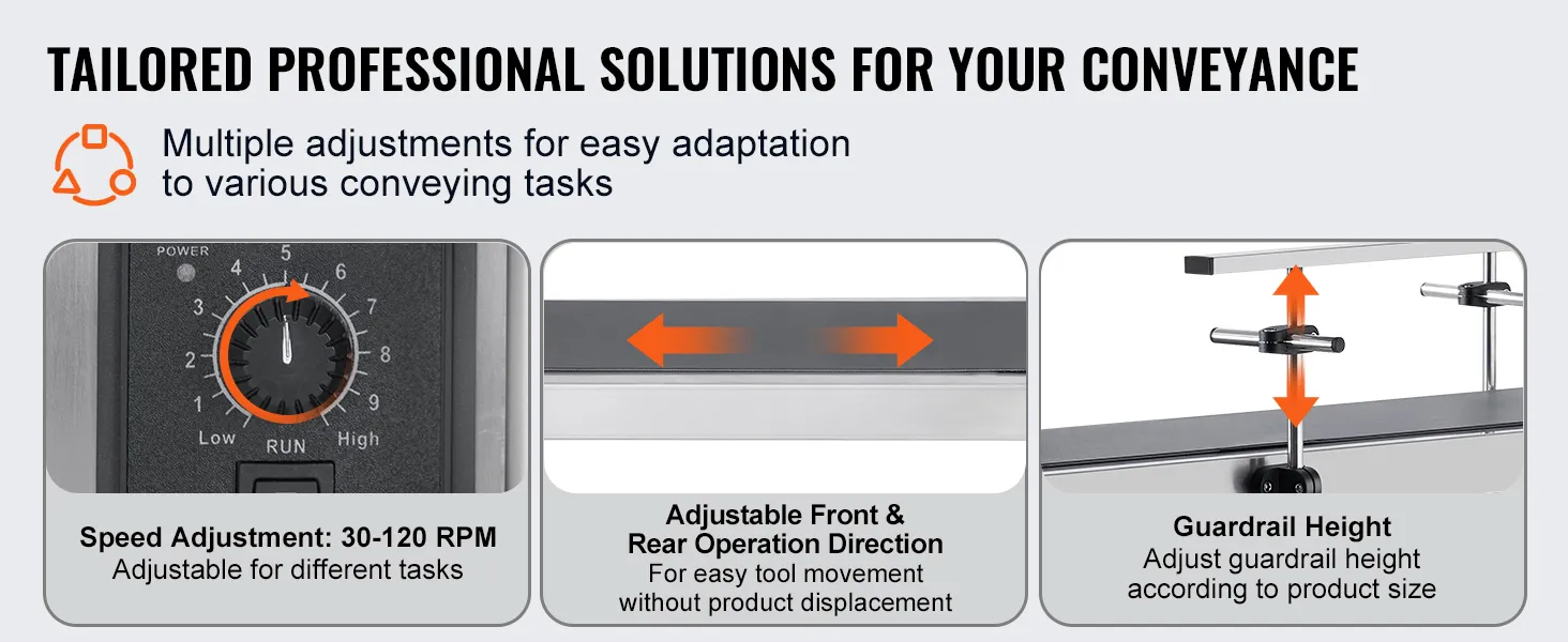 tailored professional solutions for VEVOR belt conveyor; speed adjustment, operation direction, guardrail height.