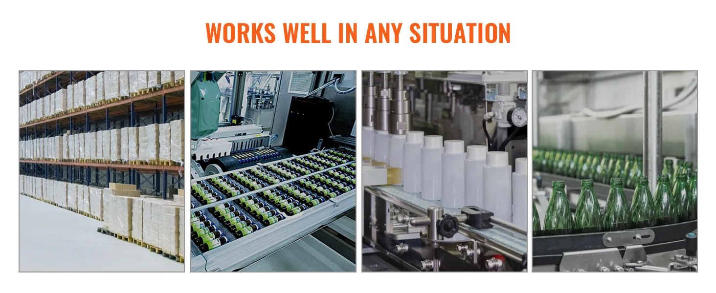 warehouse shelves, industrial automation lines, cylindrical containers, and glass bottles on VEVOR belt conveyor.