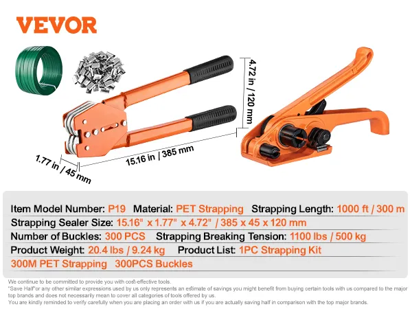 VEVOR banding strapping kit with pet strapping, buckles, and tensioning tool for heavy-duty packaging.