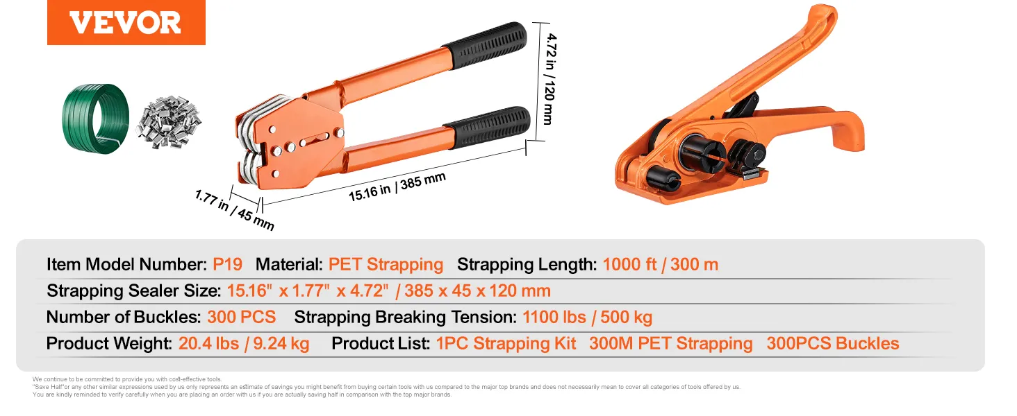 VEVOR banding strapping kit with pet strapping, buckles, and tensioning tool for heavy-duty packaging.