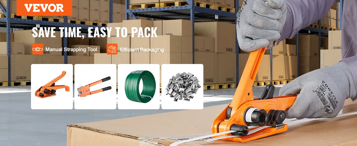 VEVOR banding strapping kit for efficient packaging in a warehouse, showcasing tools and materials. save time.
