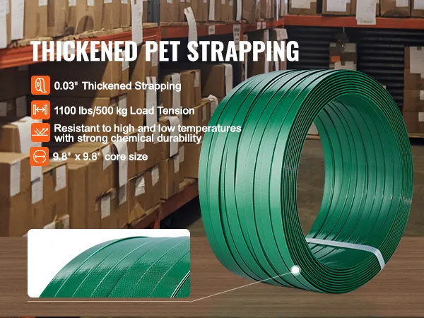 VEVOR banding strapping kit with 1100 lbs tension, 0.03" thick, 9.8" core, durable in warehouses.