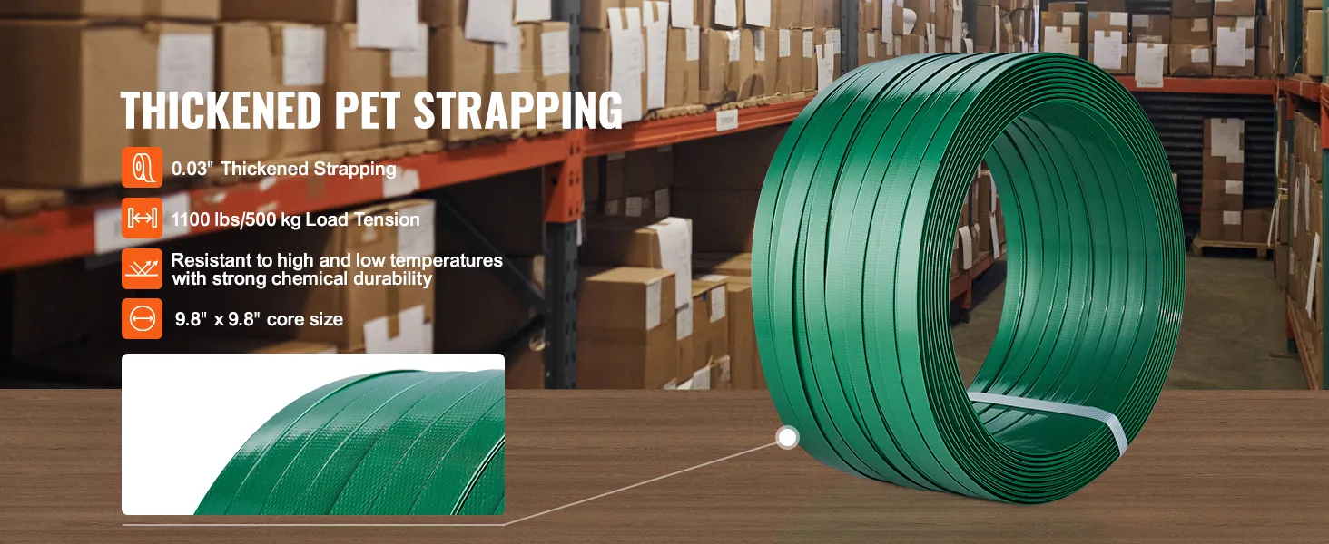 VEVOR banding strapping kit with 1100 lbs tension, 0.03" thick, 9.8" core, durable in warehouses.