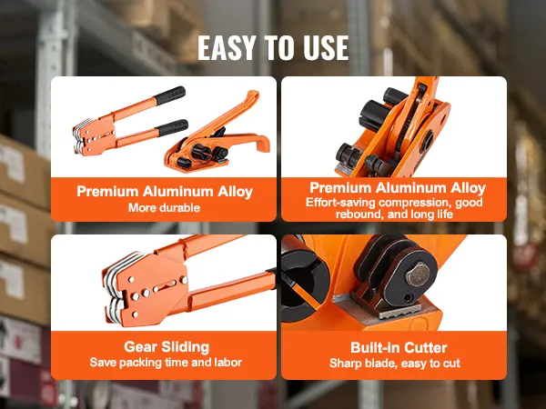 VEVOR banding strapping kit with durable aluminum alloy, high elasticity spring, gear sliding, and built-in cutter.