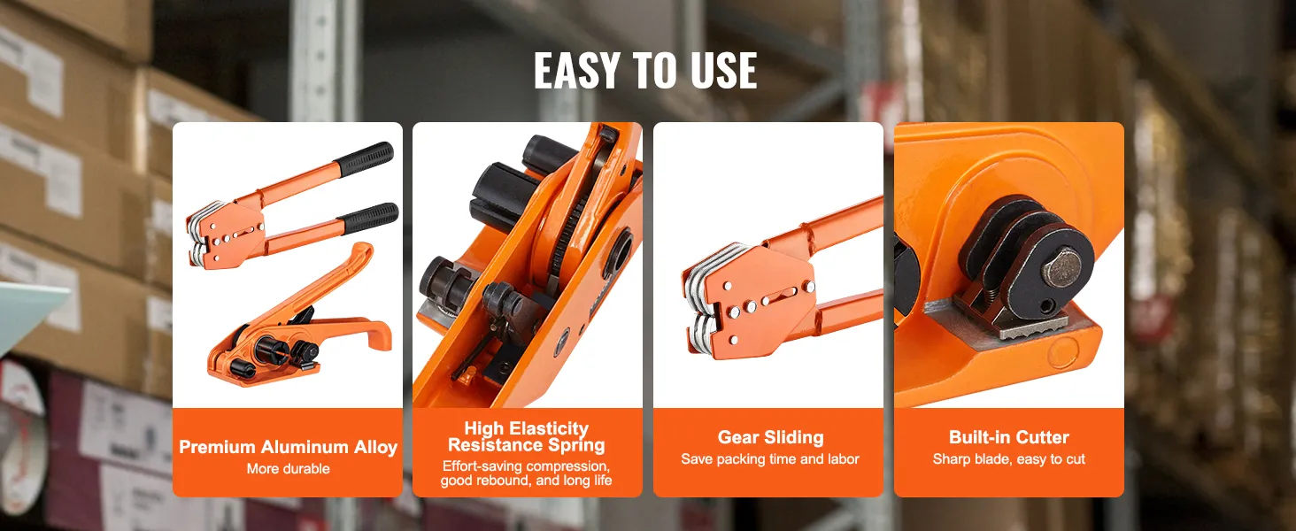 VEVOR banding strapping kit with durable aluminum alloy, high elasticity spring, gear sliding, and built-in cutter.