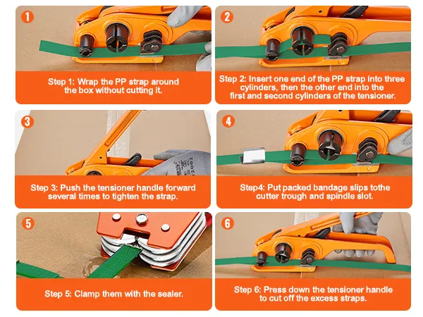 VEVOR banding strapping kit demonstrates steps to wrap, tension, and secure the pp strap on a box.