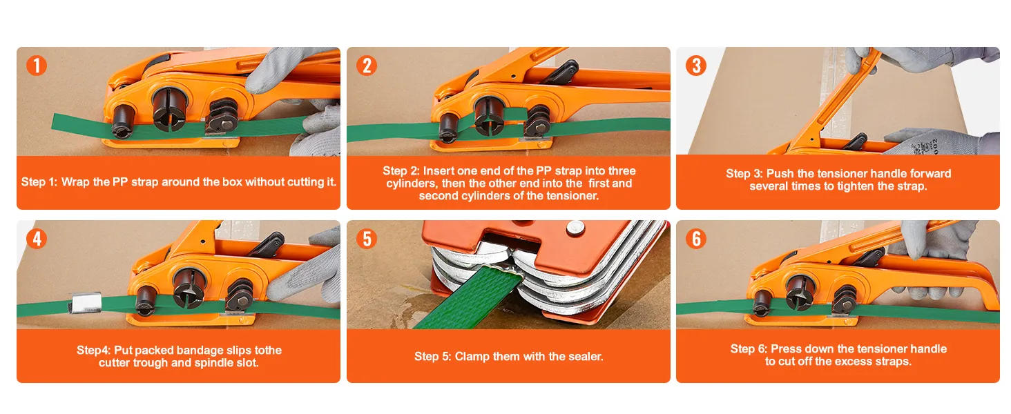 VEVOR banding strapping kit demonstrates steps to wrap, tension, and secure the pp strap on a box.