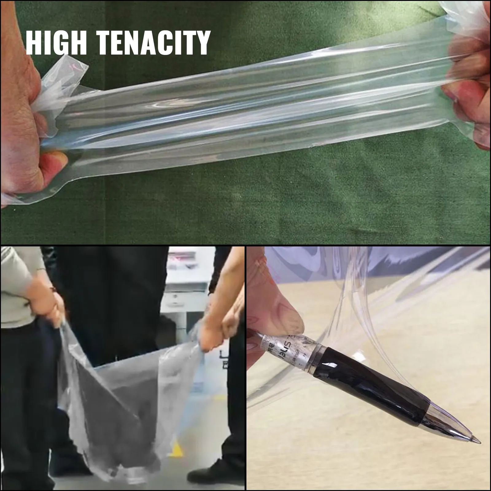 strong VEVOR greenhouse film being stretched, two people pulling it, and a pen pierced through.