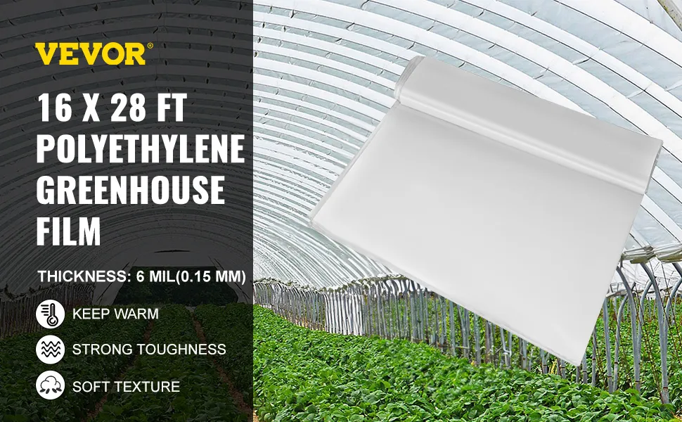 VEVOR greenhouse film, 16x28 ft polyethylene with 6 mil thickness, keeps warmth.