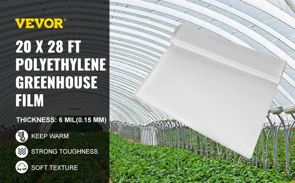 VEVOR greenhouse film in a large greenhouse displaying durability and soft texture.