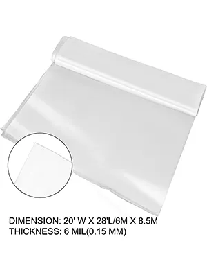 clear plastic sheet, VEVOR greenhouse film, 20'x28', 6 mil thickness, close-up inset.