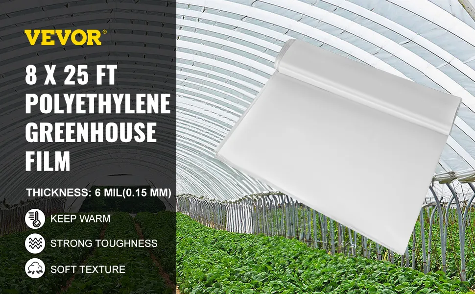 VEVOR greenhouse film, 8x25 ft, polyethylene, 6 mil, above green plants in a greenhouse.