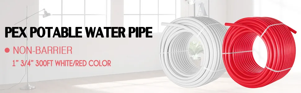 VEVOR pex pipe tubing coiled in red and white for potable water use, non-barrier type.