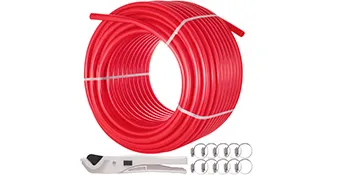 VEVOR pex pipe tubing coiled with wrench and clamps set.