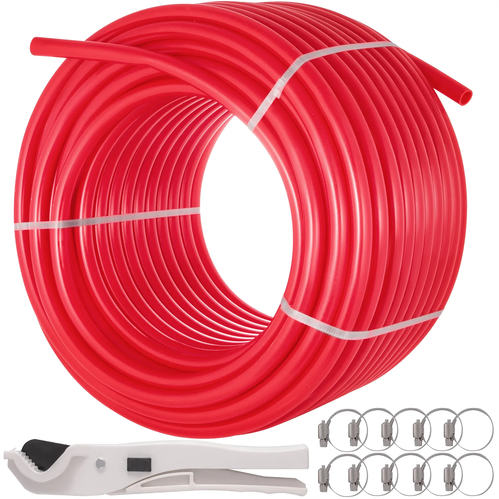 red VEVOR pex pipe tubing with cutting tool and metal clamps.