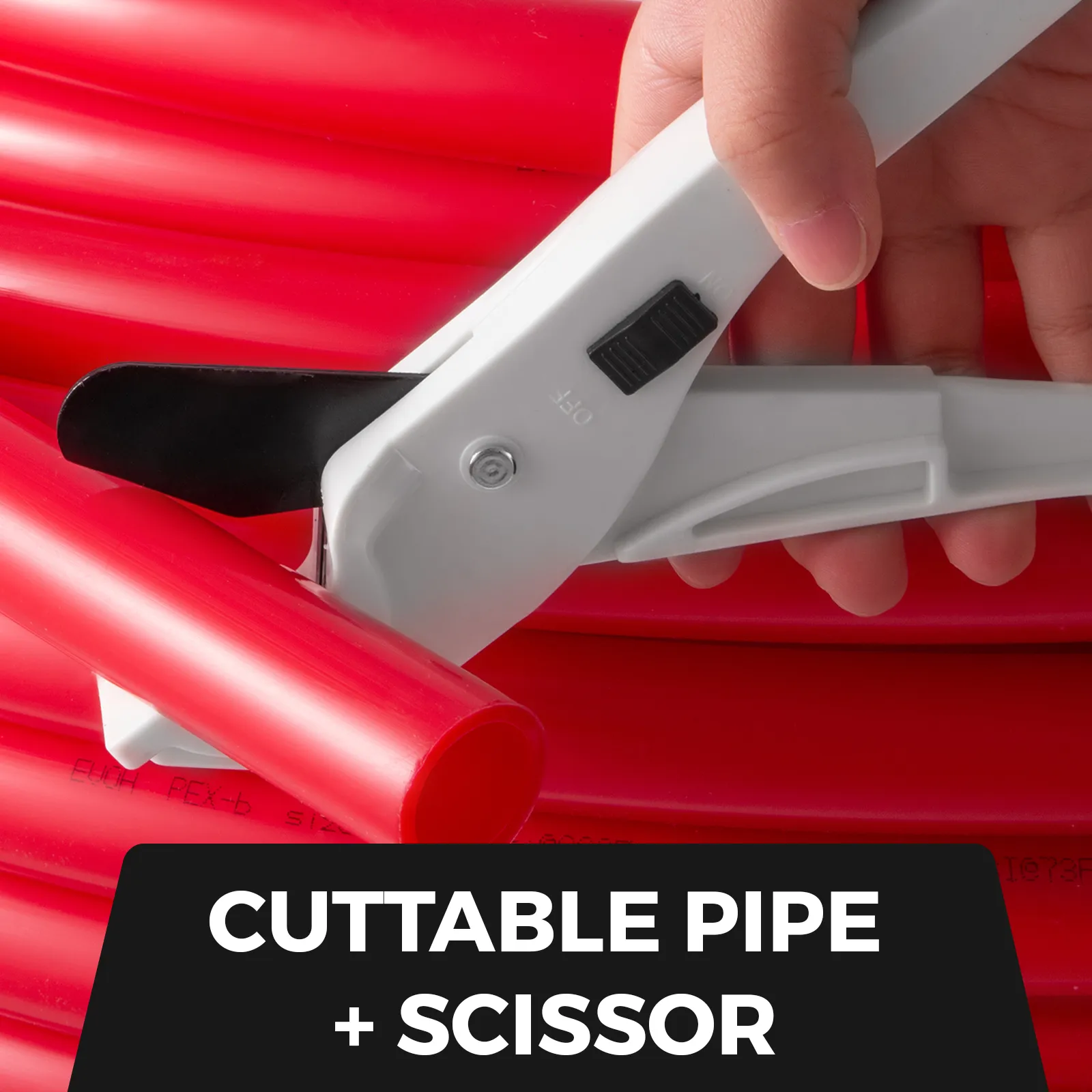 VEVOR pex pipe tubing being cut with scissors.